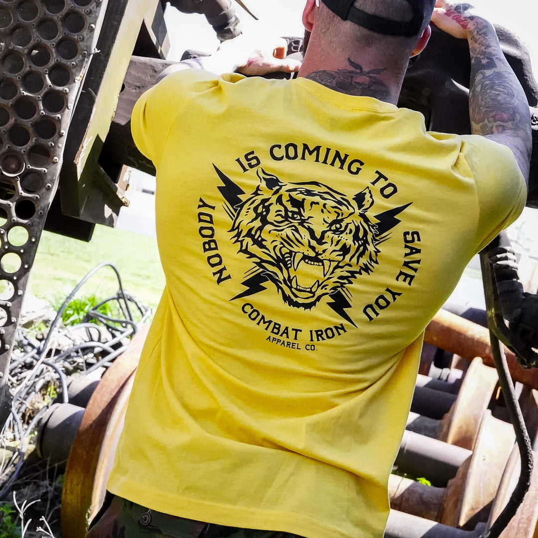 Men’s t-shirt with the message “Nobody is coming to save you” #color_yellow