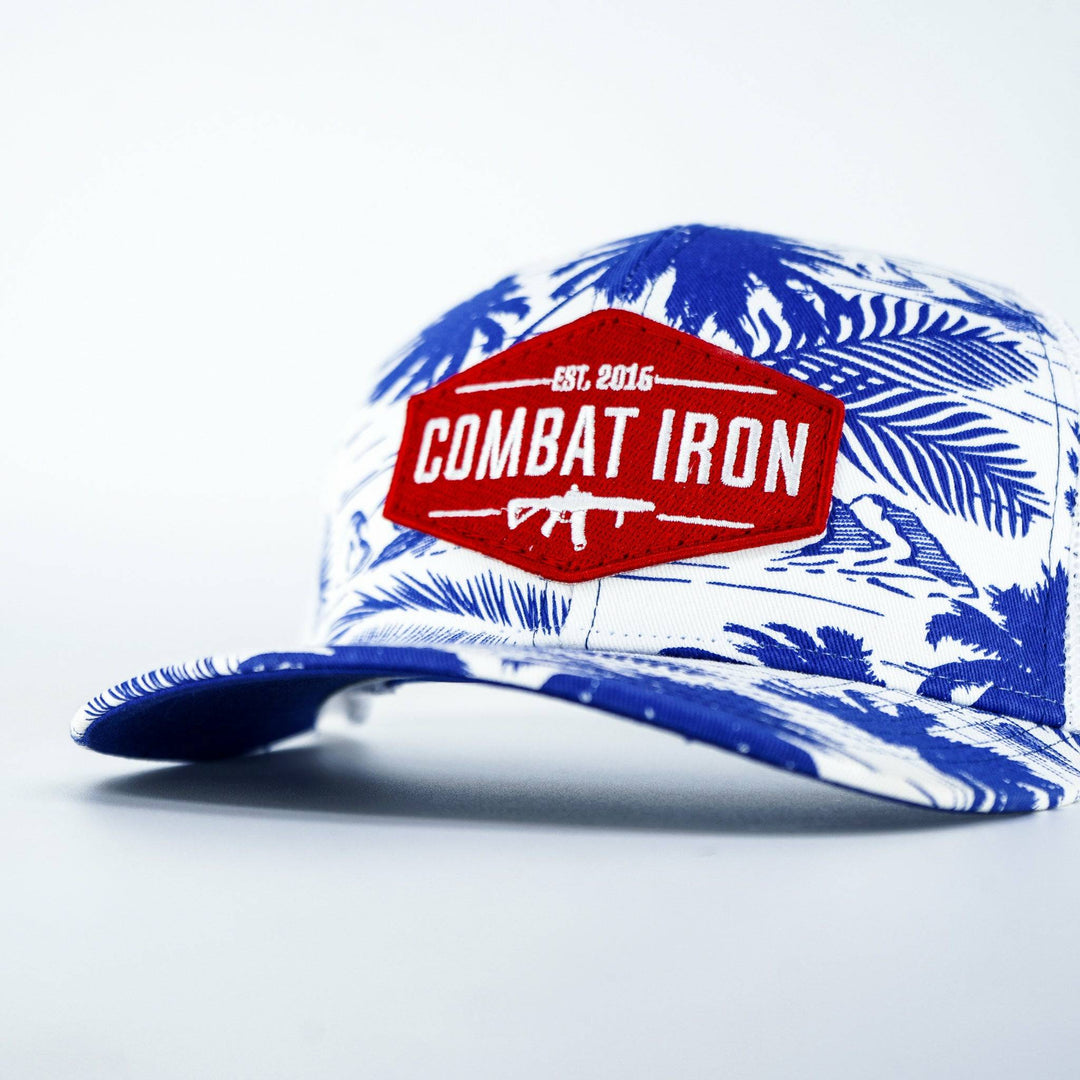 Combat branded patch mid-profile mesh snapback with a black and white patch on the front #color_blue-palm