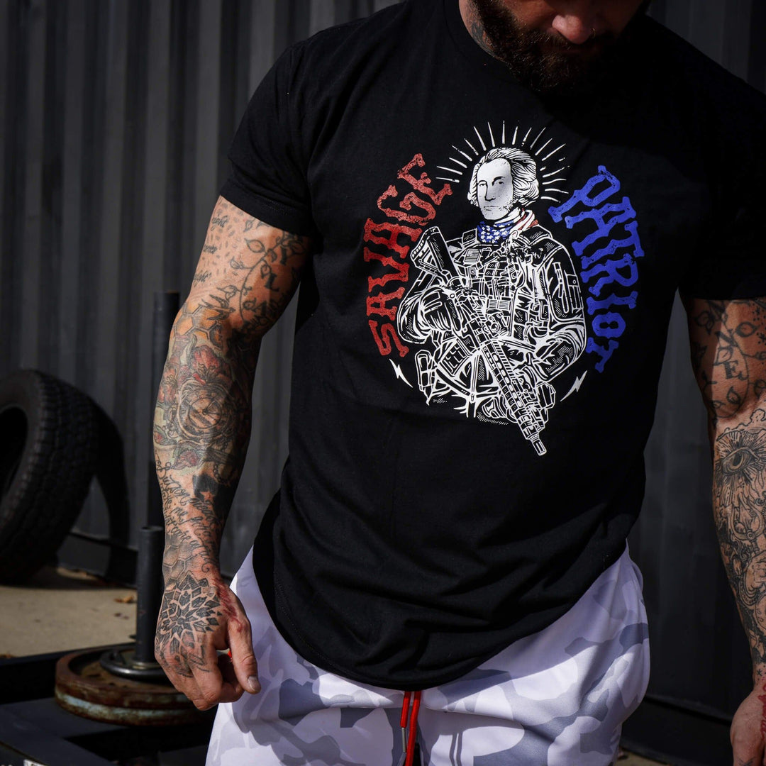 Men’s black t-shirt with the words “Savage patriot” in red and blue on the front #color_black
