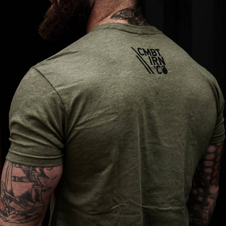 Men’s black t-shirt with the message “Trust God. Not government.” with letters and a American flag on the sleeve #color_military-green