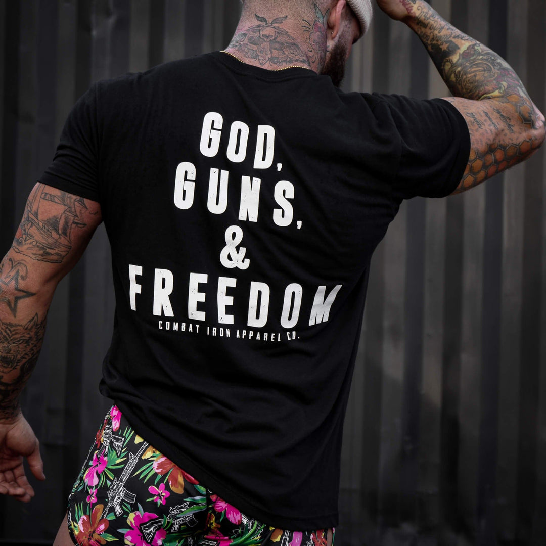 Men’s black t-shirt with the words “God, guns, & freedom” in white on the front #color_black