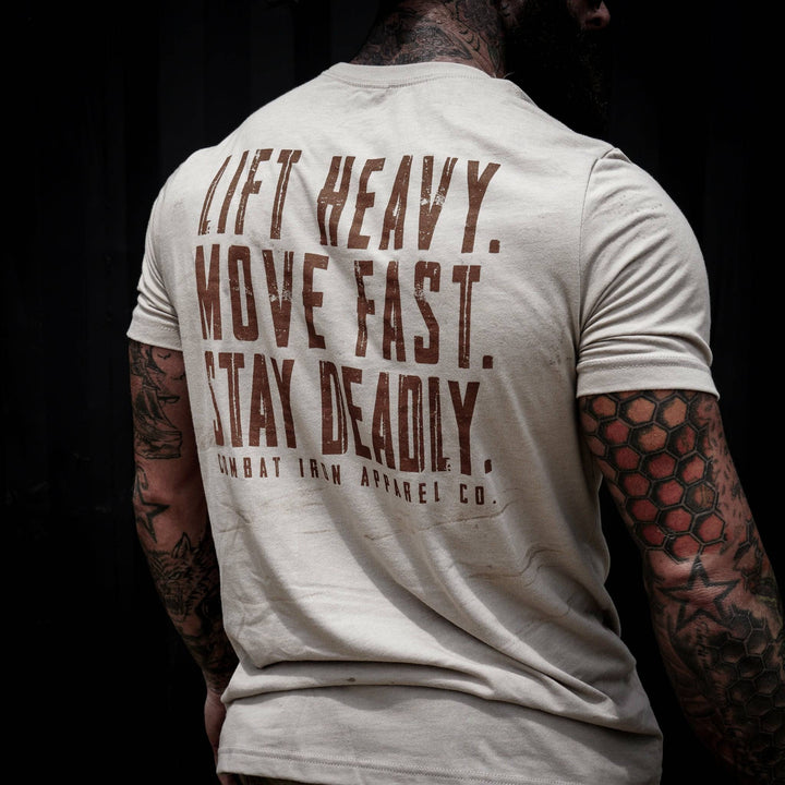 Lift heavy. Move fast. Stay deadly. Men’s t-shirt  #color_tan