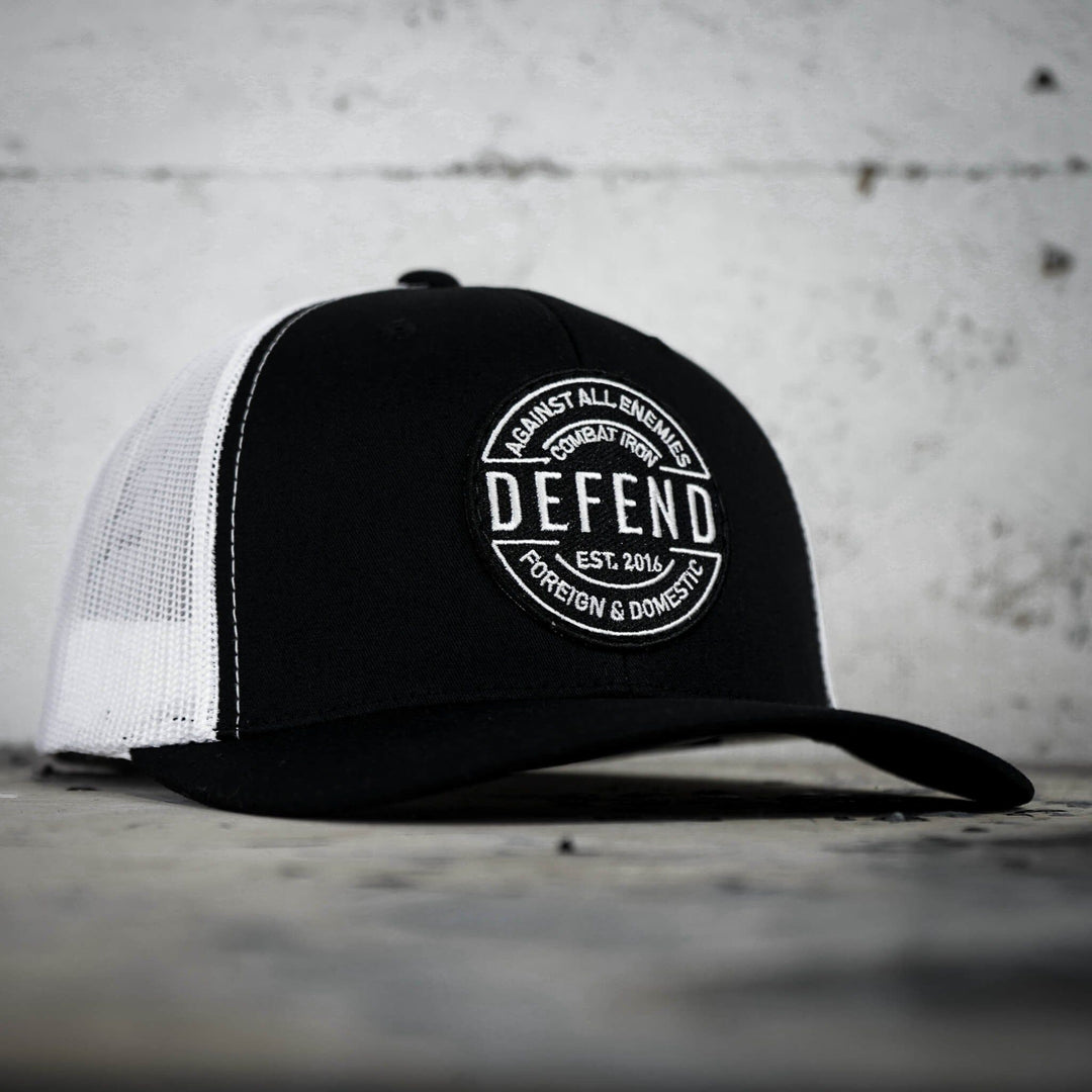 A black retro rope snapback with the words “Defend against all enemies, foreign & domestic” on the front #color_black-white