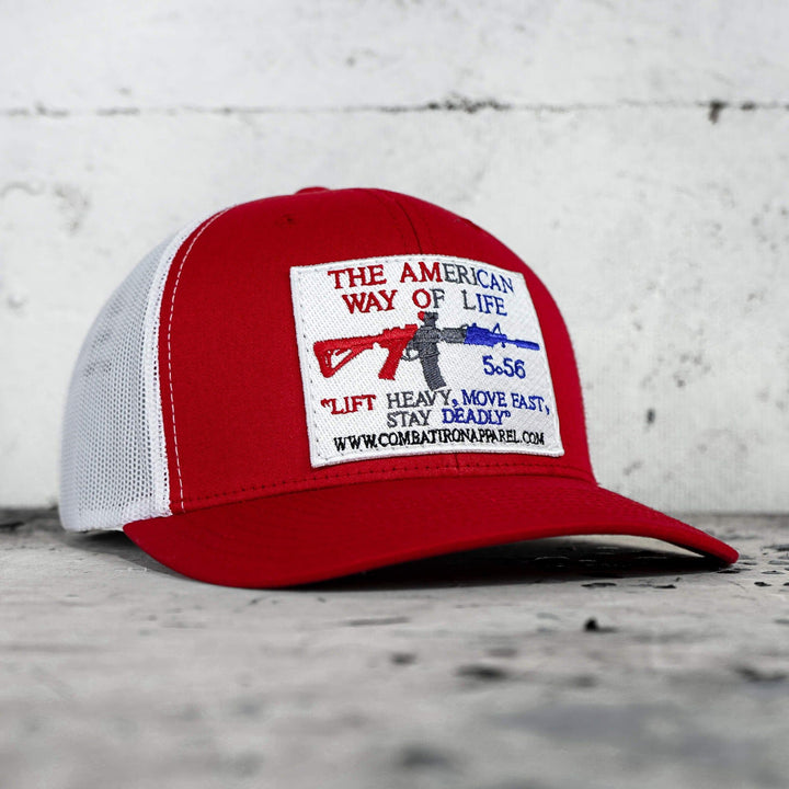 AWOL - American way of life 5.56 white patch edition, mid-profile mesh snapback cap  #color_red-white