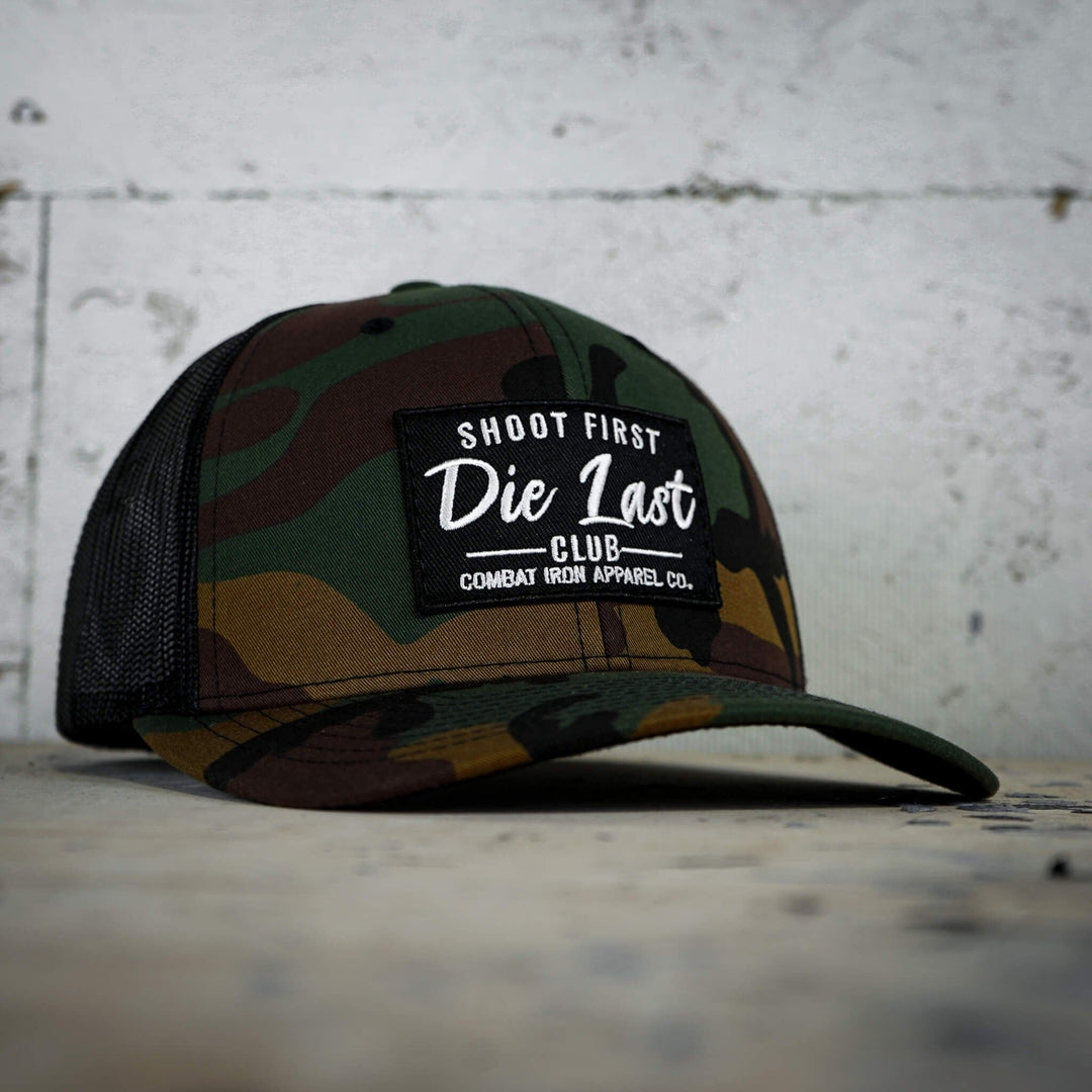 Shoot first. Die last. Club patch mid-profile mesh snapback  #color_bdu-camo-black