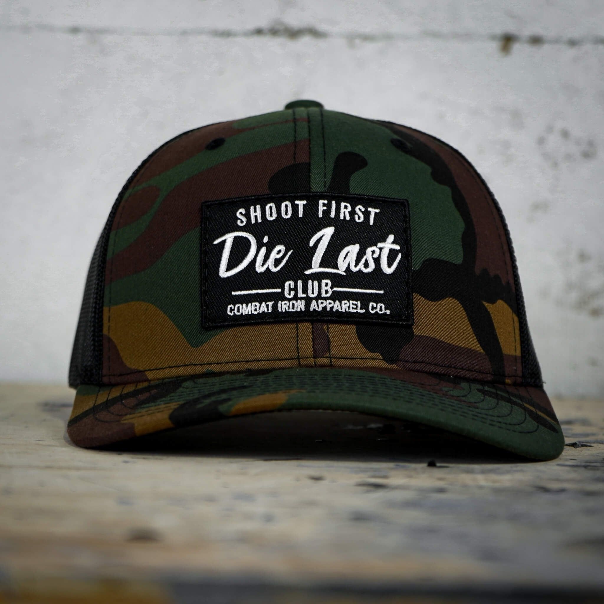 Shoot first. Die last. Club patch mid-profile mesh snapback  #color_bdu-camo-black