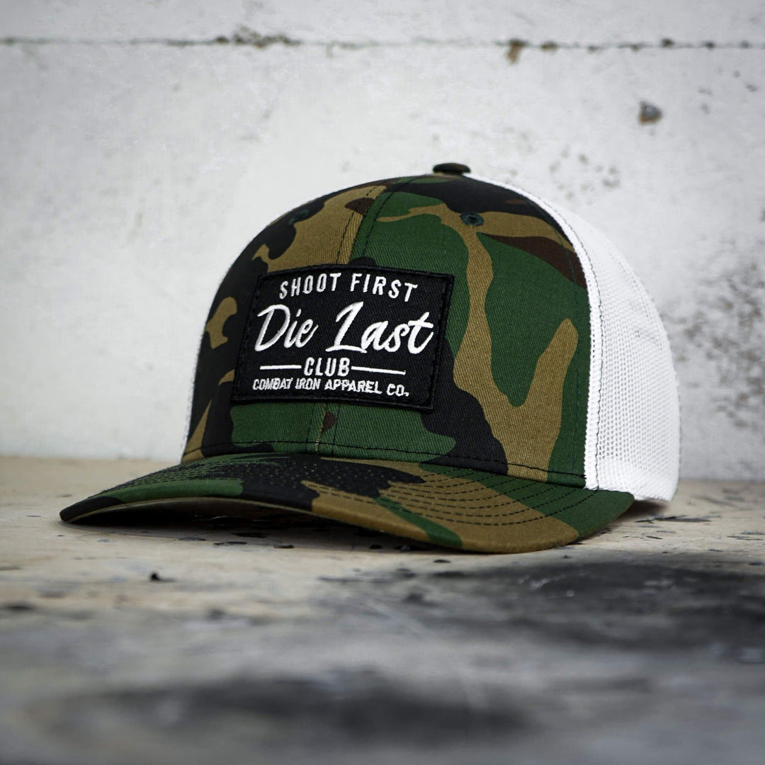 Shoot first. Die last. Club patch mid-profile mesh snapback  #color_bdu-camo-white