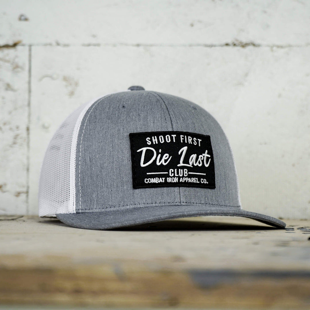 Shoot first. Die last. Club patch mid-profile mesh snapback  #color_gray-white