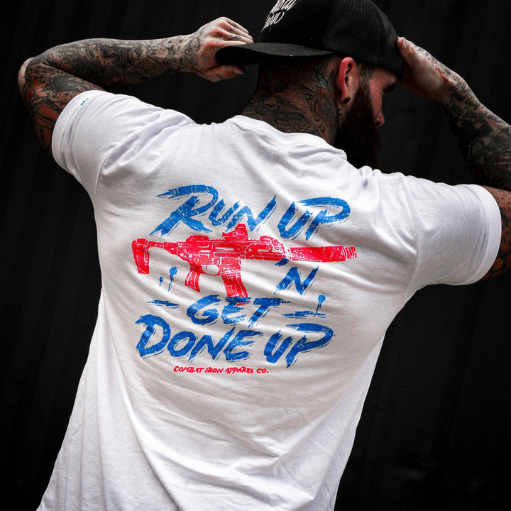 Men’s t-shirt with the message “Run up ‘n get done up” with an AR #color_white