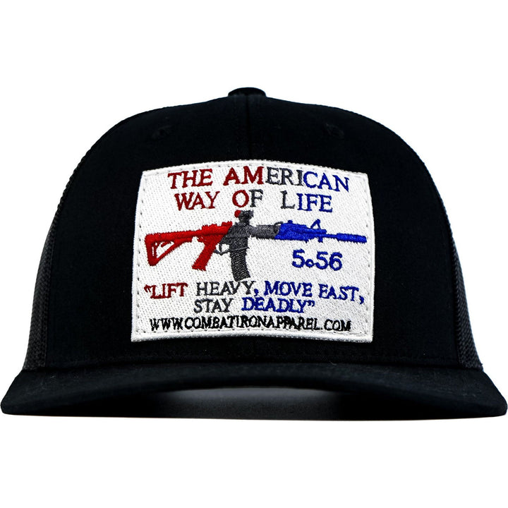 AWOL - American way of life 5.56 white patch edition, mid-profile mesh snapback cap in black with red, white, and blue details on the patch