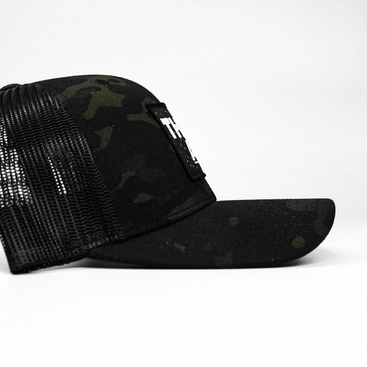 Thick AF donut edition patch mid-profile mesh snapback hat in dark camo with pink and white details #color_black-bdu-camo-black