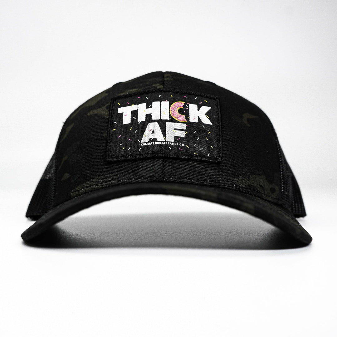 Thick AF donut edition patch mid-profile mesh snapback hat in dark camo with pink and white details #color_black-bdu-black