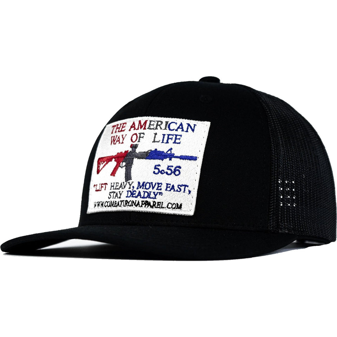 AWOL - American way of life 5.56 white patch edition, mid-profile mesh snapback cap in black with red, white, and blue details on the patch #color_black-black