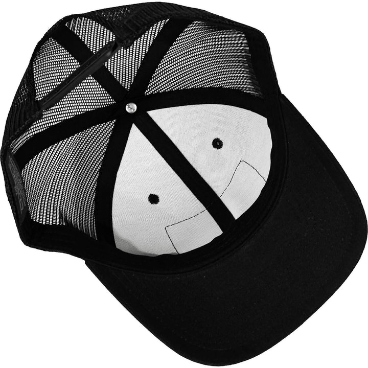 A mid-profile mesh snapback with the words “Trigger puller” on the front in white #color_black-black