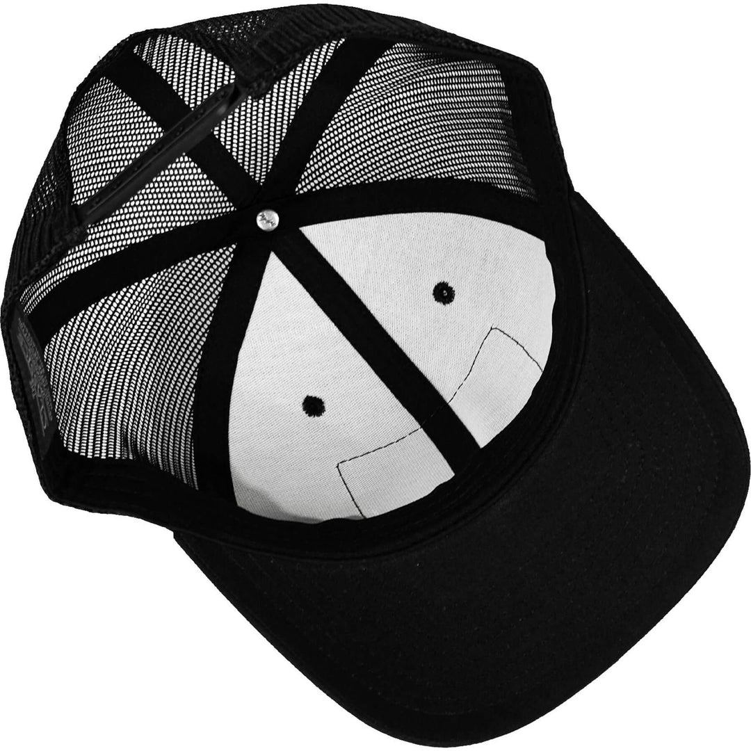 A black mid-profile mesh snapback with a patch that says “Support veteran owned” in white letters #color_black-black
