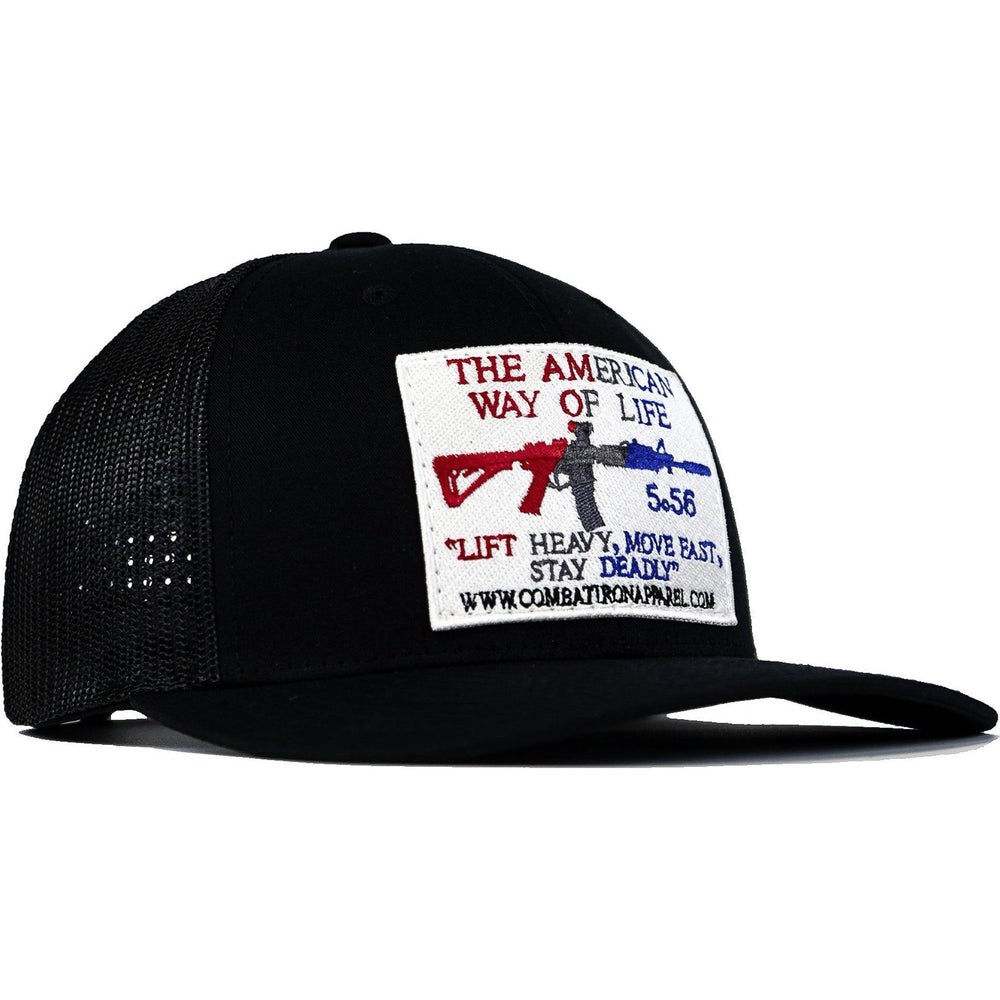 AWOL - American way of life 5.56 white patch edition, mid-profile mesh snapback cap in black with red, white, and blue details on the patch #color_black-black