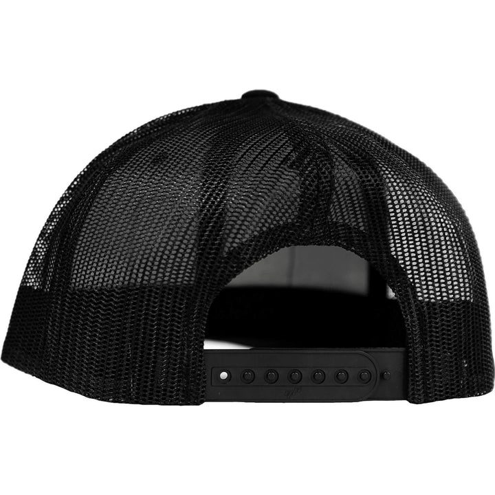 A mid-profile mesh snapback with the words “Trigger puller” on the front in white #color_black-black