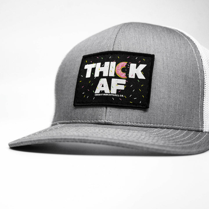 Thick AF donut edition patch mid-profile mesh snapback hat with pink and white details #color_gray-white