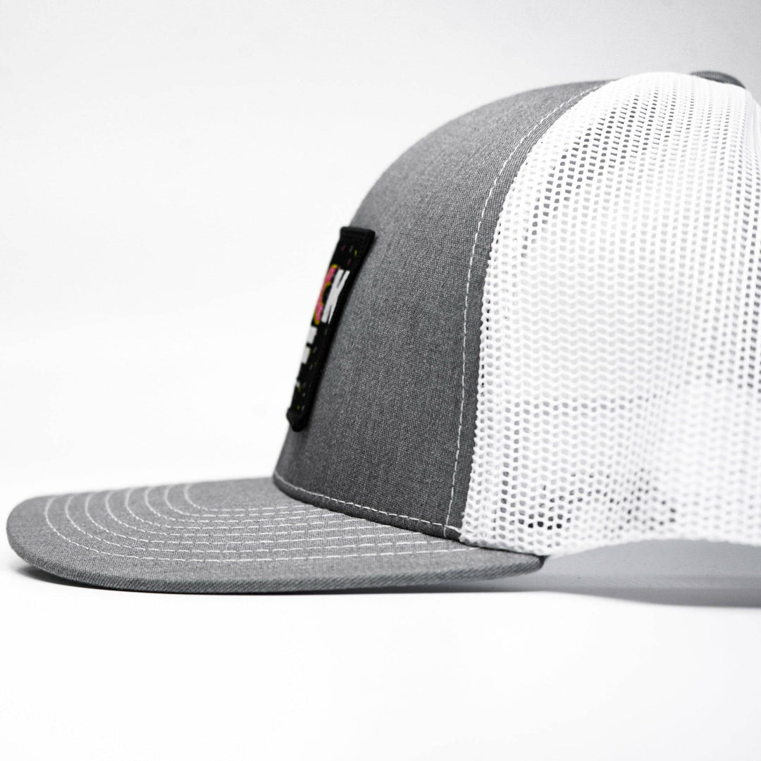 Thick AF donut edition patch mid-profile mesh snapback hat with pink and white details #color_gray-white
