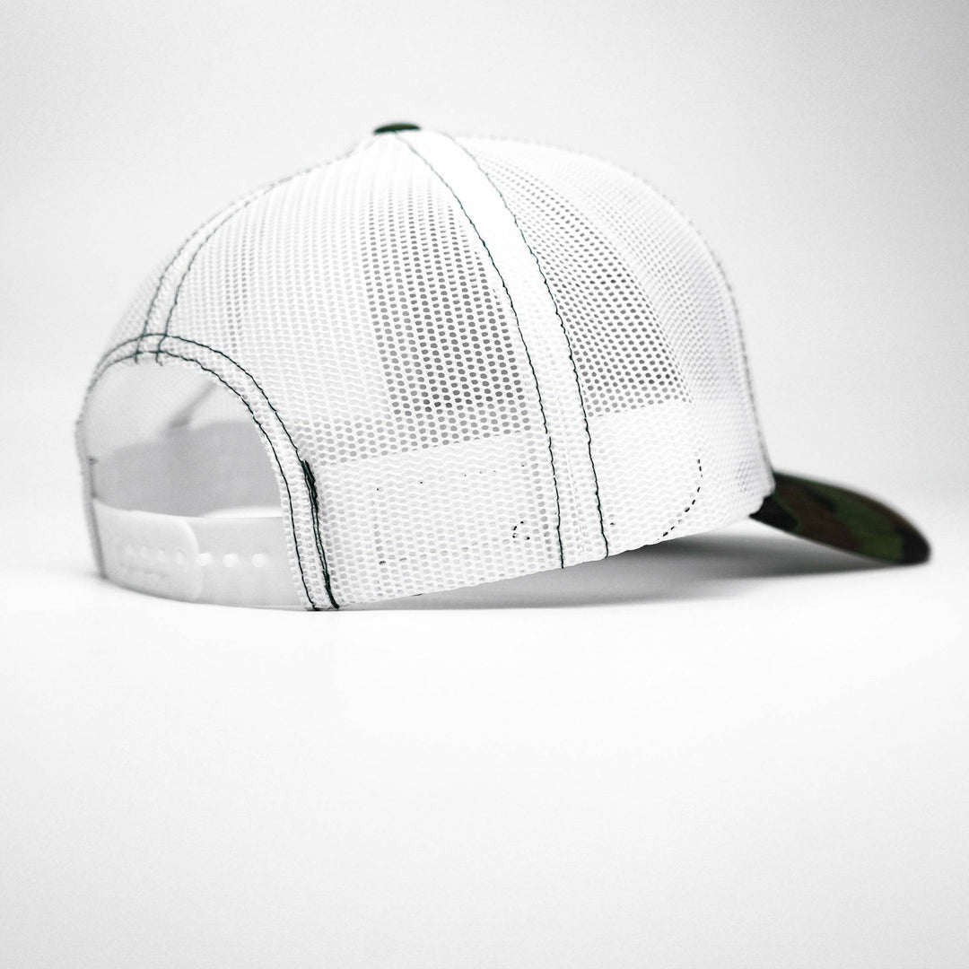 Thick AF donut edition patch mid-profile mesh snapback hat with pink and white details #color_bdu-camo-white