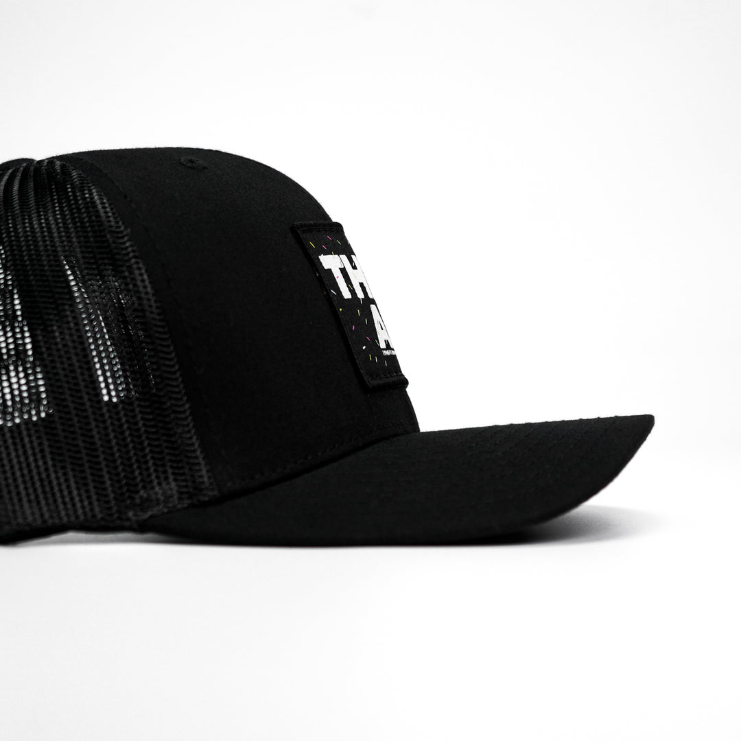 Thick AF donut edition patch mid-profile mesh snapback hat with pink and white details #color_black-black