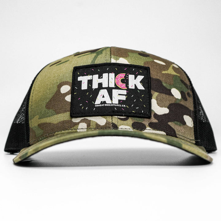 Thick AF donut edition patch mid-profile mesh snapback hat with pink and white details #color_multicam-black
