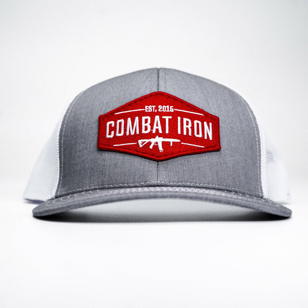 Combat branded patch mid-profile mesh snapback in red and white with a black and white patch on the front #color_gray-white
