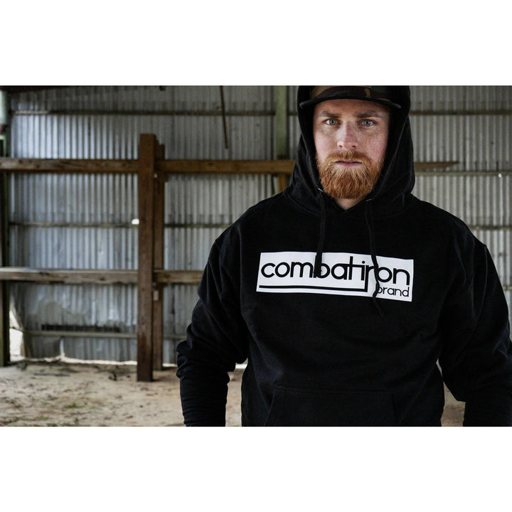 Original Combat Iron branded box men’s midweight hoodie in black with white Combat Iron logo on the front