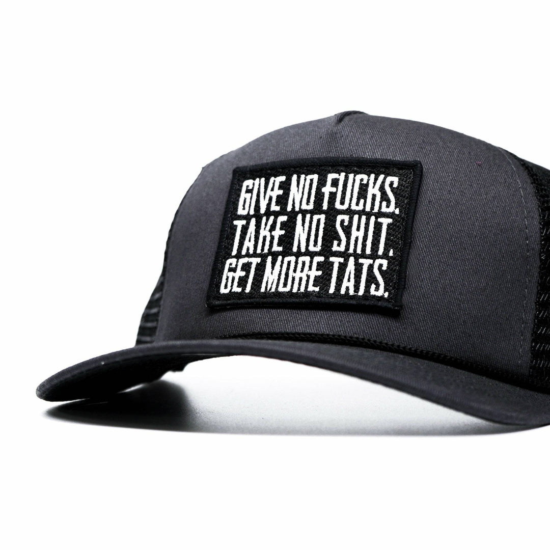 Give no fucks. Take no shit. Get more tats. Mid-profile mesh snapback cap #color_gun-metal-gray-black