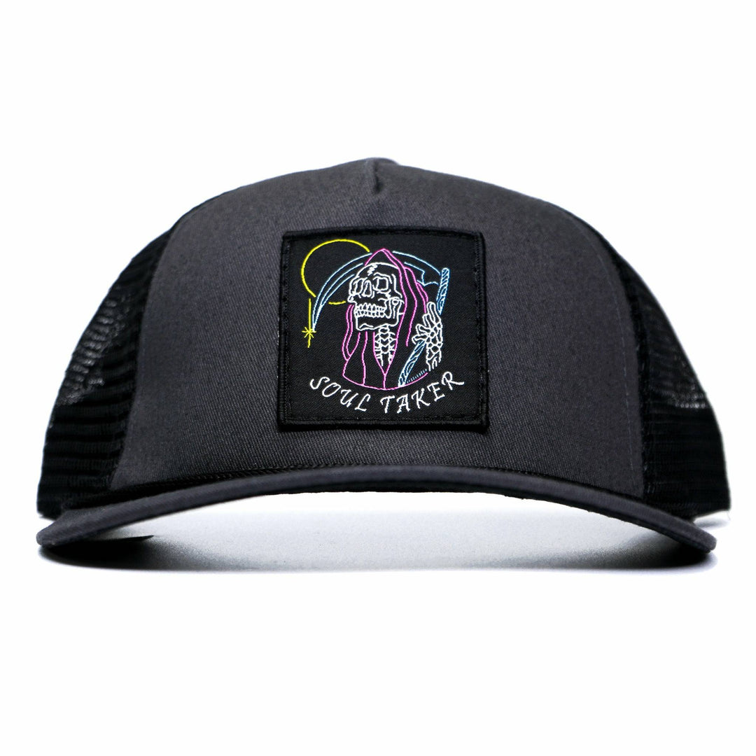 A vintage grey retro rope snapback with a black patch that says “Soul taker” #color_gun-metal-gray-black