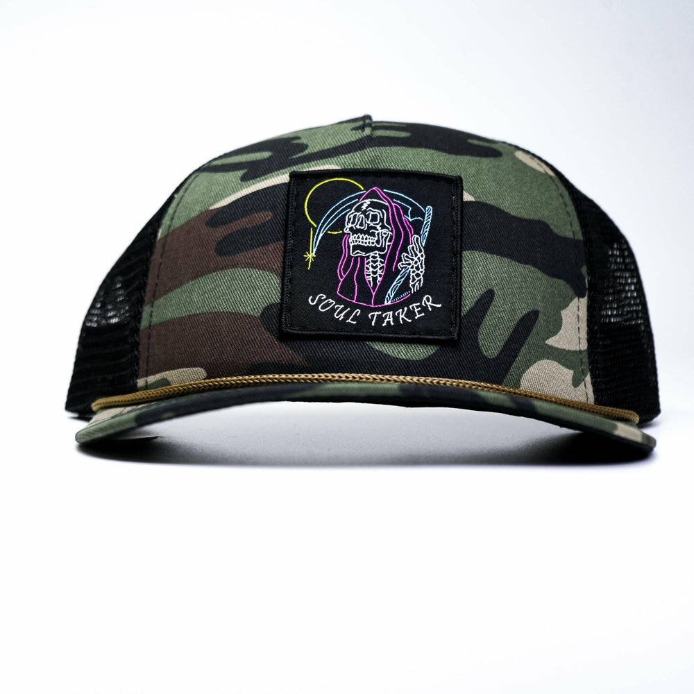 A vintage grey retro rope snapback with a black patch that says “Soul taker” #color_bdu-camo-black