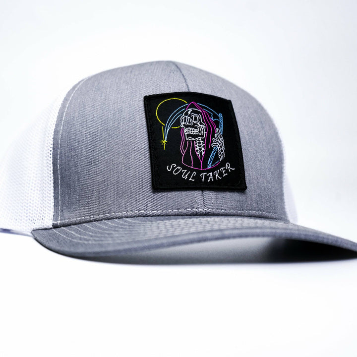 Soul taker reaper, skull vintage patch, mid-profile mesh snapback in all black with a colorful patch of a soul reaper on the front #color_gray-white