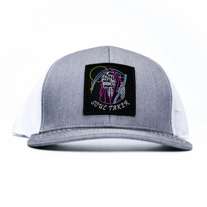 Soul taker reaper, skull vintage patch, mid-profile mesh snapback with a colorful patch of a soul reaper on the front #color_gray-white