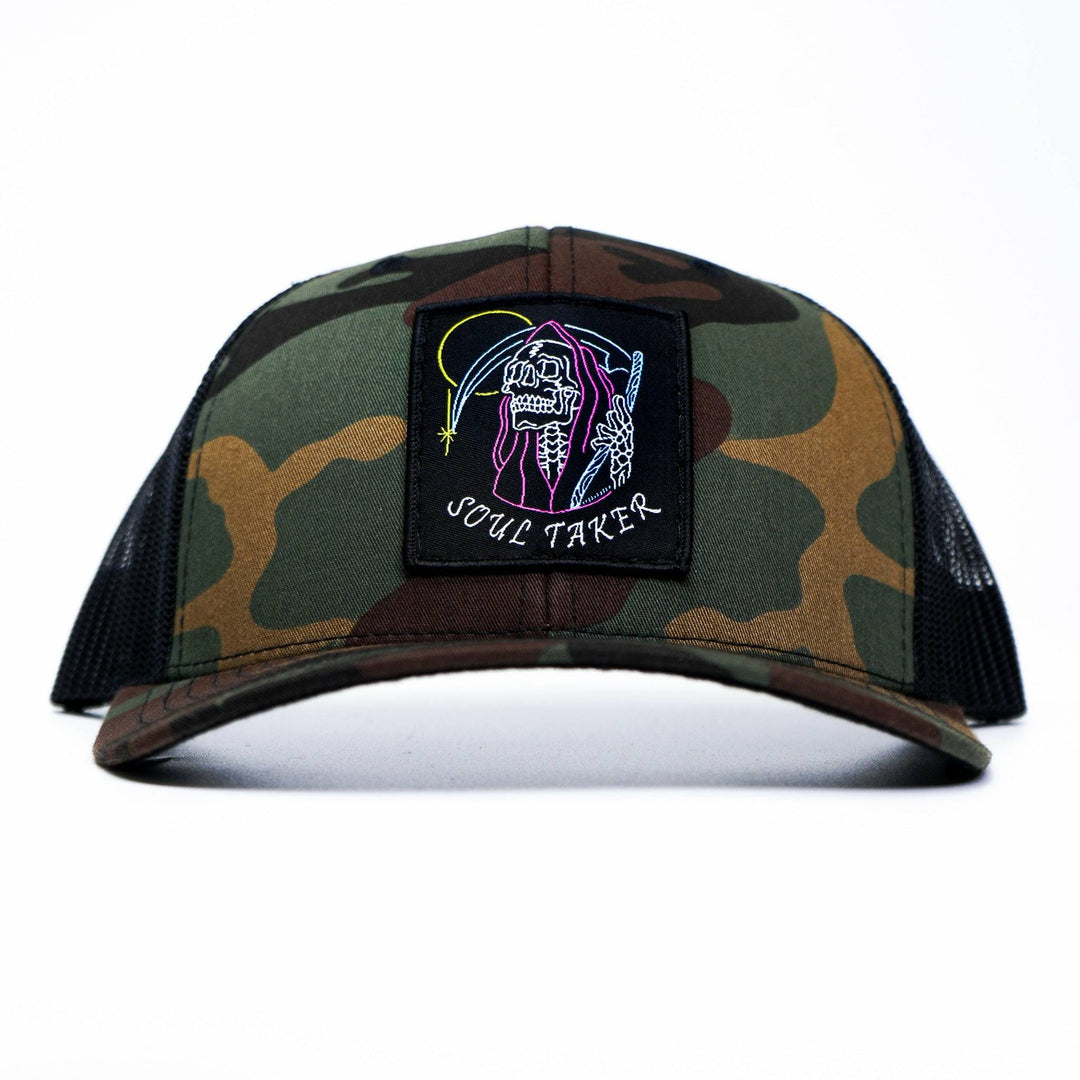Soul taker reaper, skull vintage patch, mid-profile mesh snapback with a colorful patch of a soul reaper on the front #color_bdu-camo-black-back