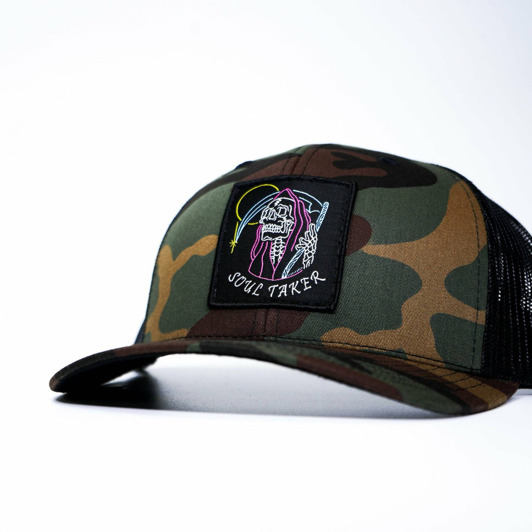 Soul taker reaper, skull vintage patch, mid-profile mesh snapback with a colorful patch of a soul reaper on the front #color_bdu