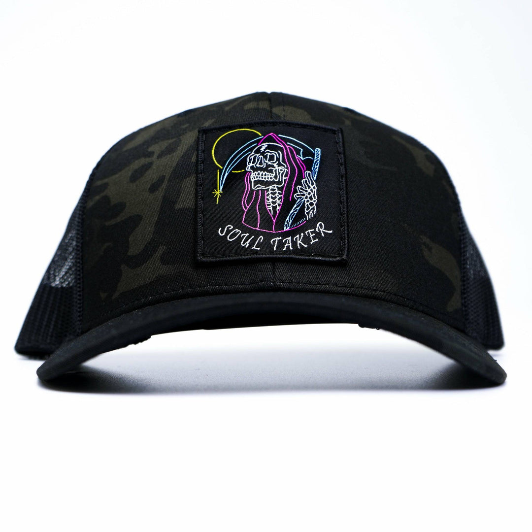 Soul taker reaper, skull vintage patch, mid-profile mesh snapback with a colorful patch of a soul reaper on the front #color_black-bdu-black
