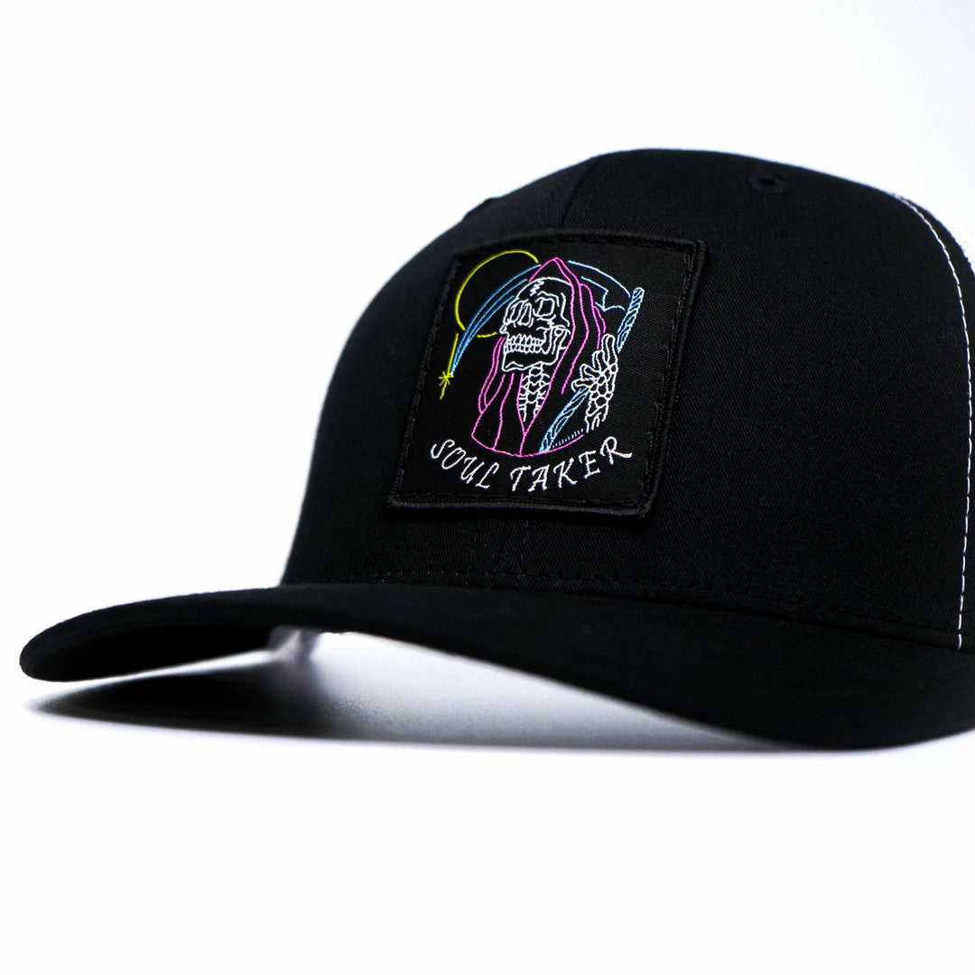 Soul taker reaper, skull vintage patch, mid-profile mesh snapback in all black with a colorful patch of a soul reaper on the front #color_black-white