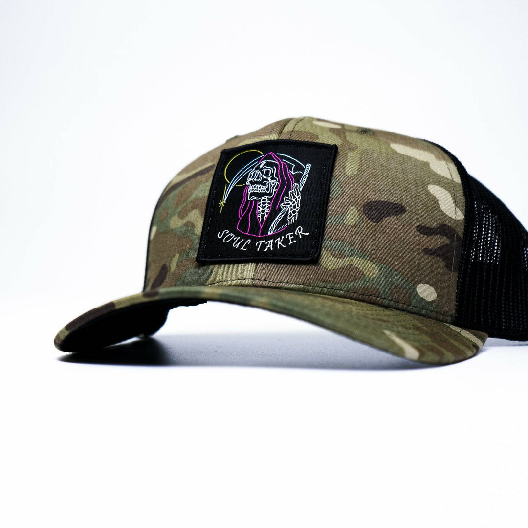 Soul taker reaper, skull vintage patch, mid-profile mesh snapback with a colorful patch of a soul reaper on the front #color_multicam