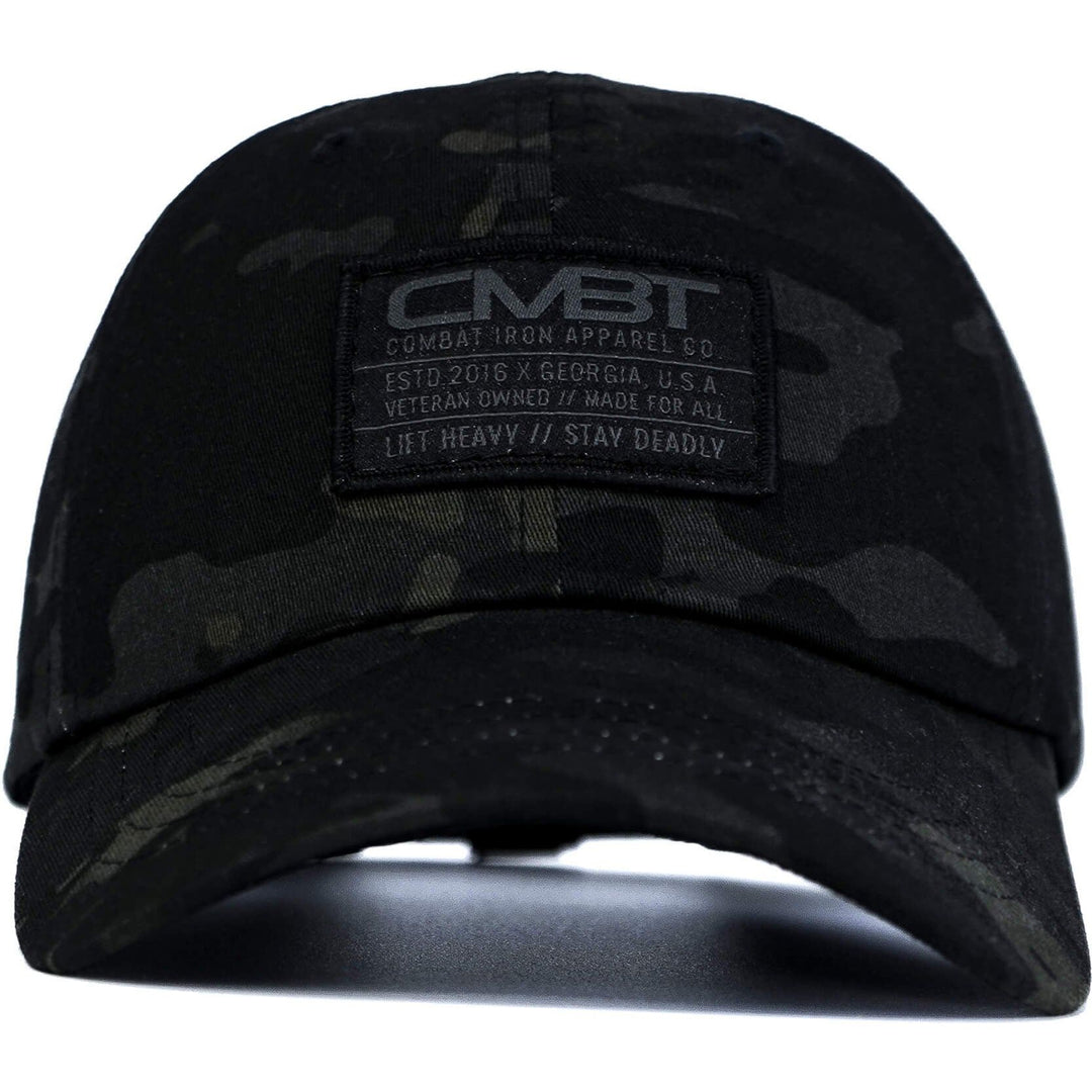 CMBT subdued tactical woven patch dad hat in dark camo print #color_bdu-camo-black