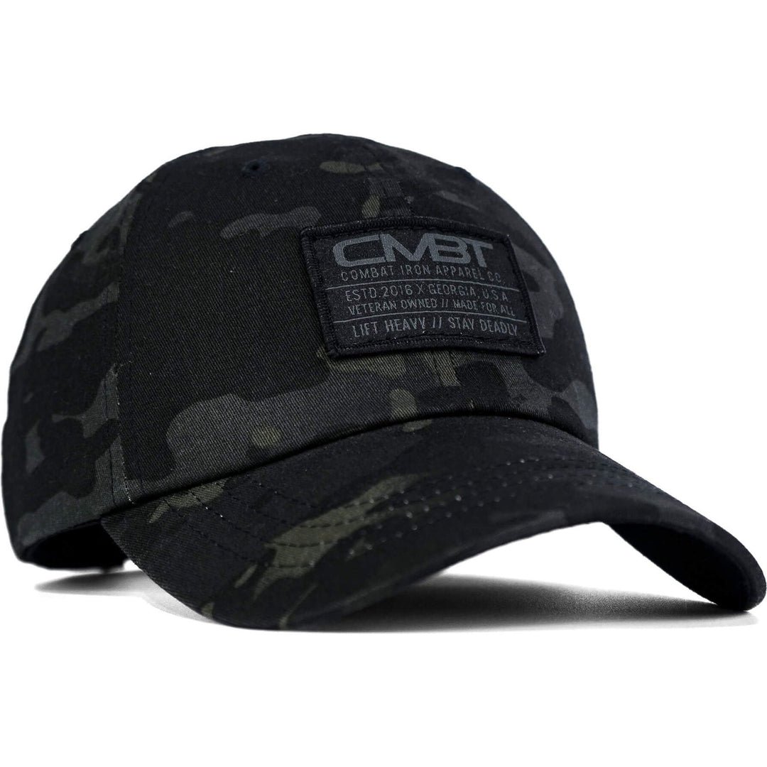 CMBT subdued tactical woven patch dad hat in dark camo print #color_black-bdu