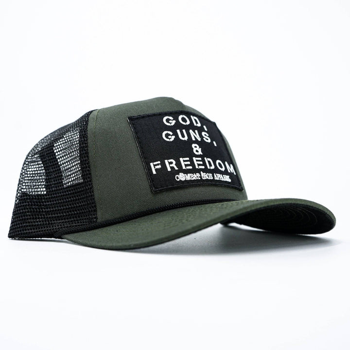 Retro rope snapback hat in olive green with a patch saying “God, guns, and freedom” #color_military-green-black