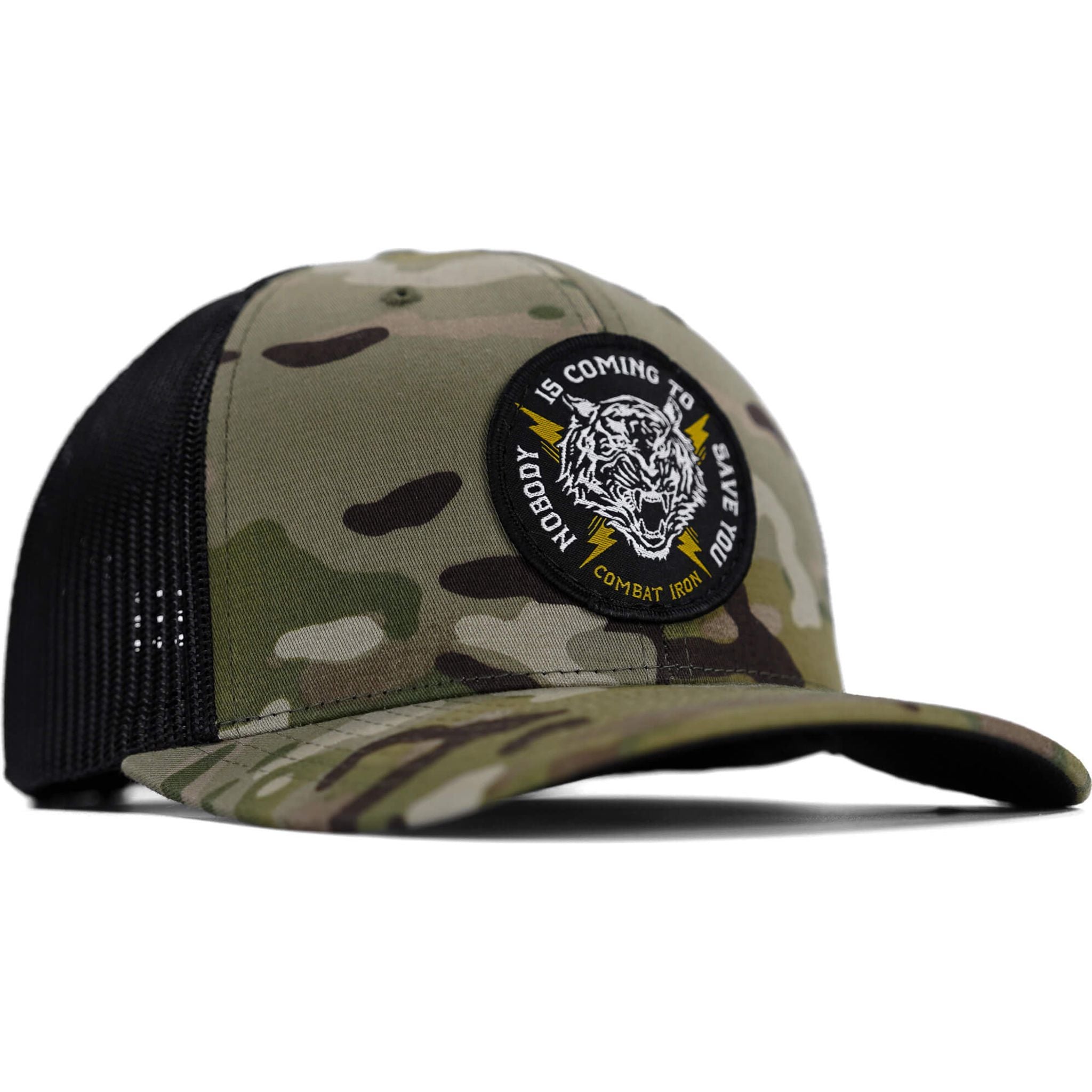 Nobody is coming to save you mid-profile snapback hat #color_multicam-black