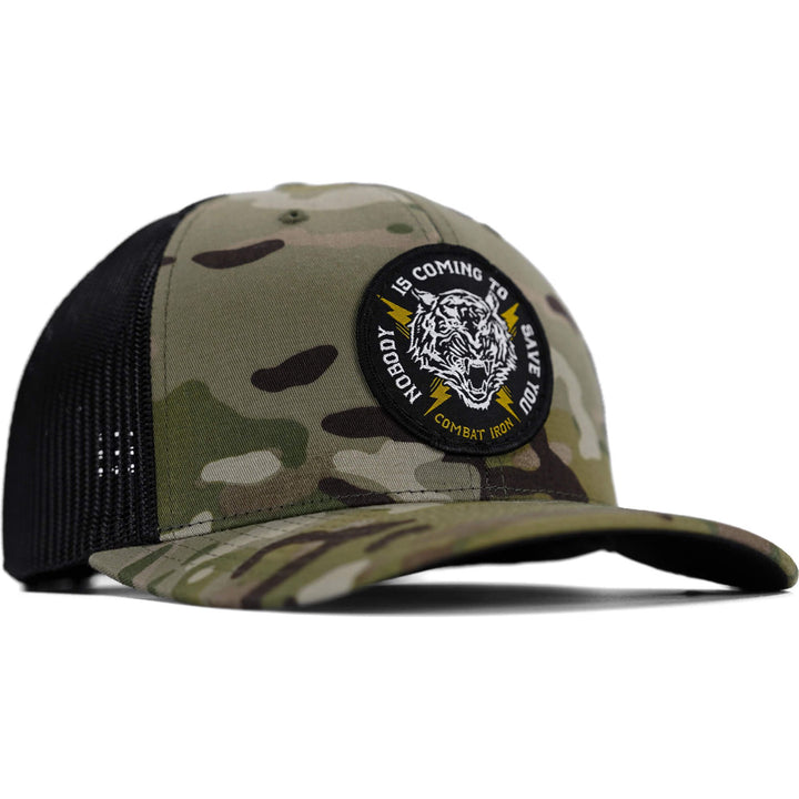 Nobody is coming to save you mid-profile snapback hat #color_multicam-black
