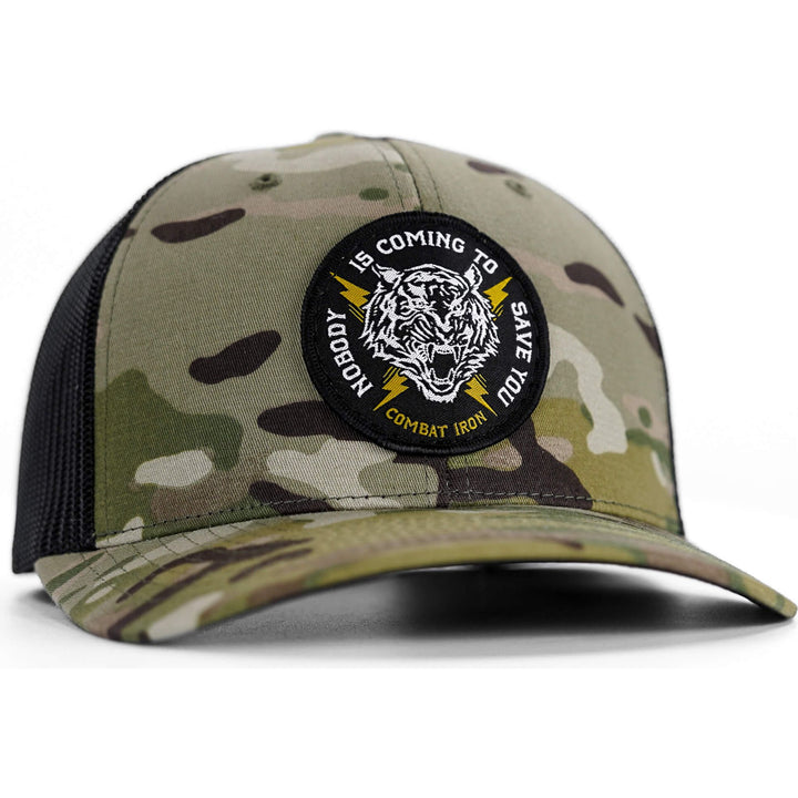 Nobody is coming to save you mid-profile snapback hat #color_multicam-black
