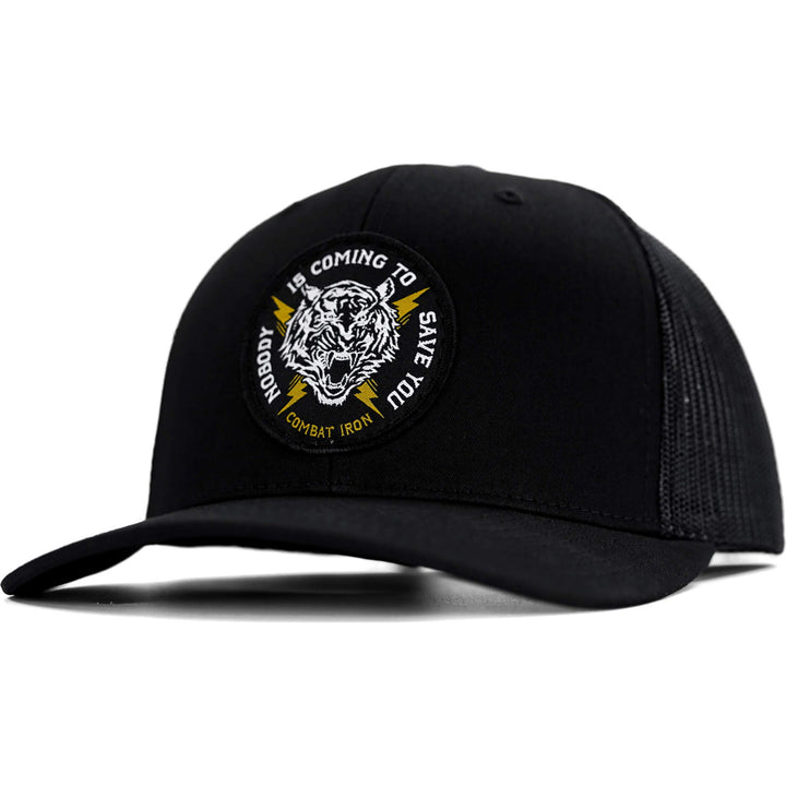 Nobody is coming to save you mid-profile snapback hat #color_black-black