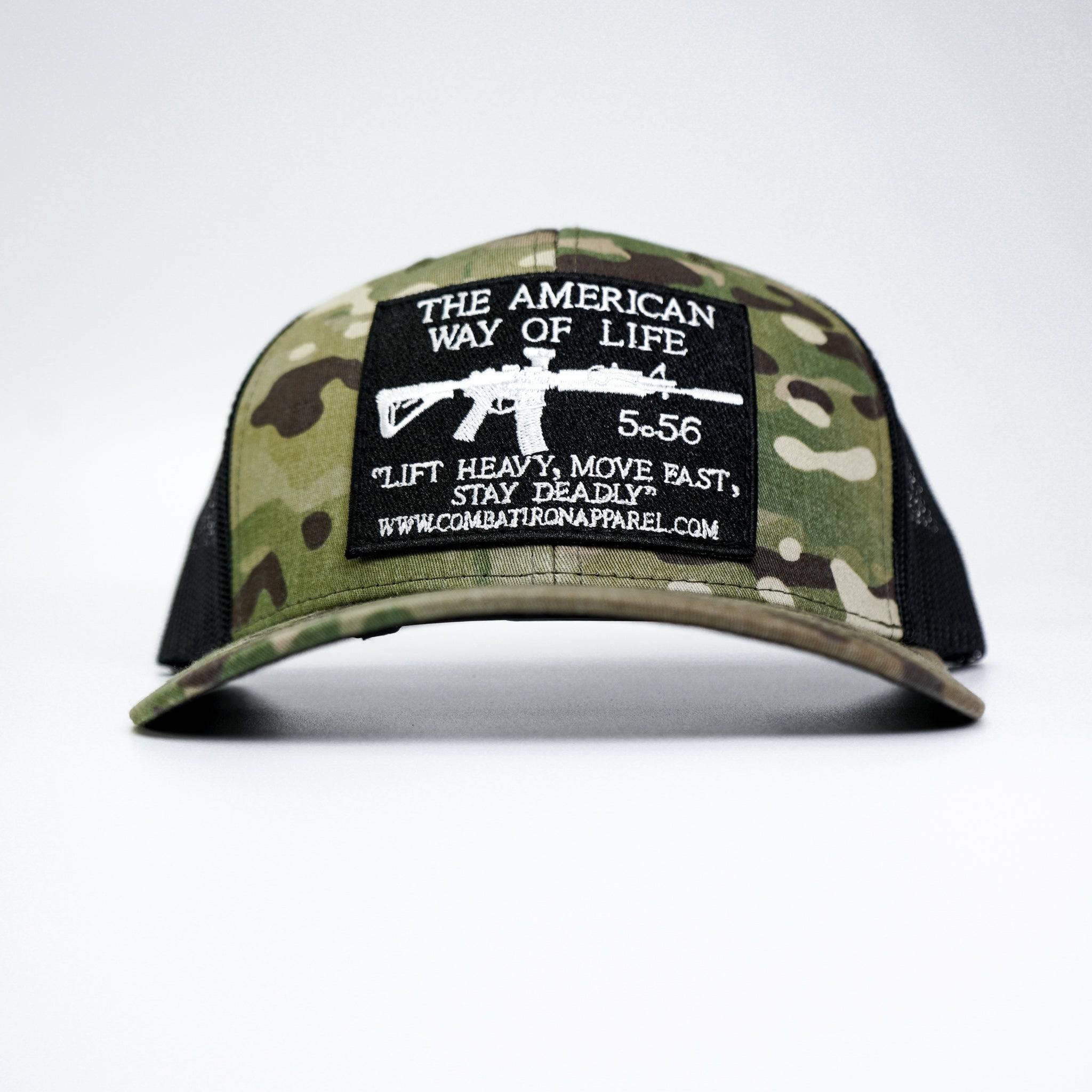 Black patch edition mid-profile mesh snapback hat saying “AWOL - American way of life, 5.56” #color_multicam-black