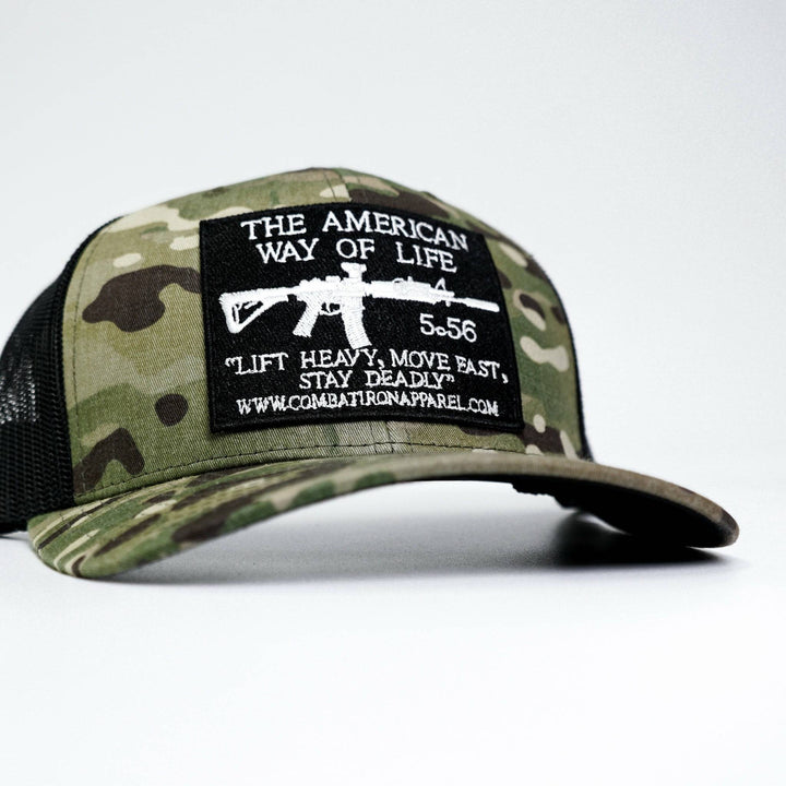 Black patch edition mid-profile mesh snapback hat saying “AWOL - American way of life, 5.56” #color_multicam-black