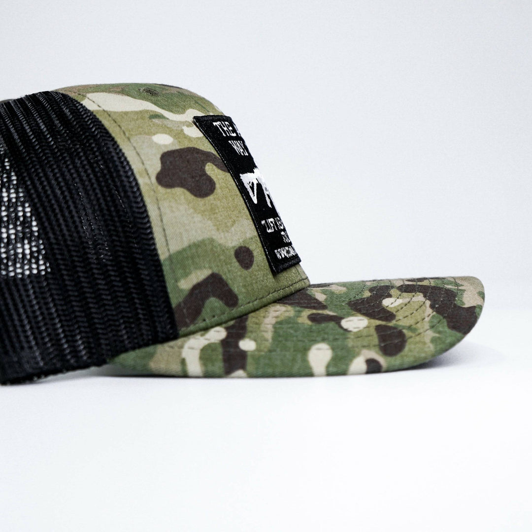 Black patch edition mid-profile mesh snapback hat saying “AWOL - American way of life, 5.56” #color_multicam-black