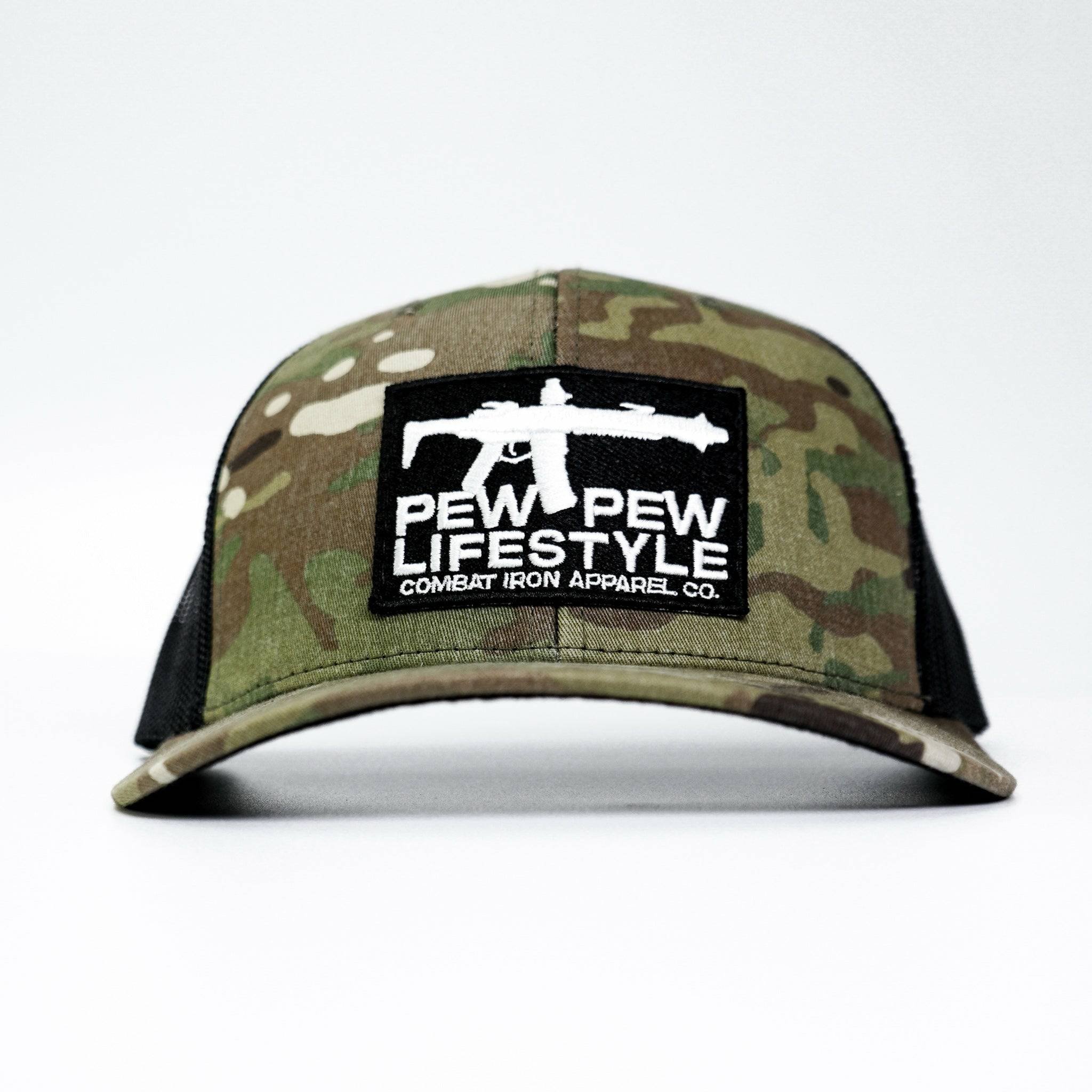 A mid-profile mesh snapback hat with a “Pew pew lifestyle” patch on the front #color_multicam-black