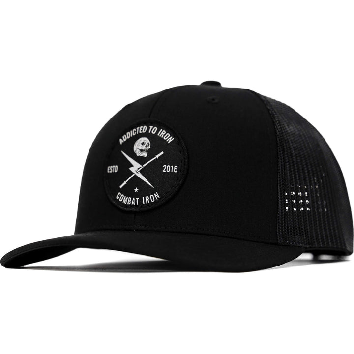 Addicted to iron mesh mid-profile snapback hat in all black #color_black
